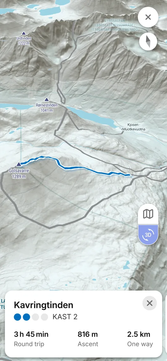 Skida app: a ski route in the 3D map with its KAST grade