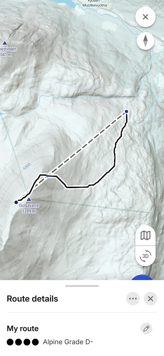 Skida app: a route generated by Alpine Autorouting from two points, graded Alpine D-