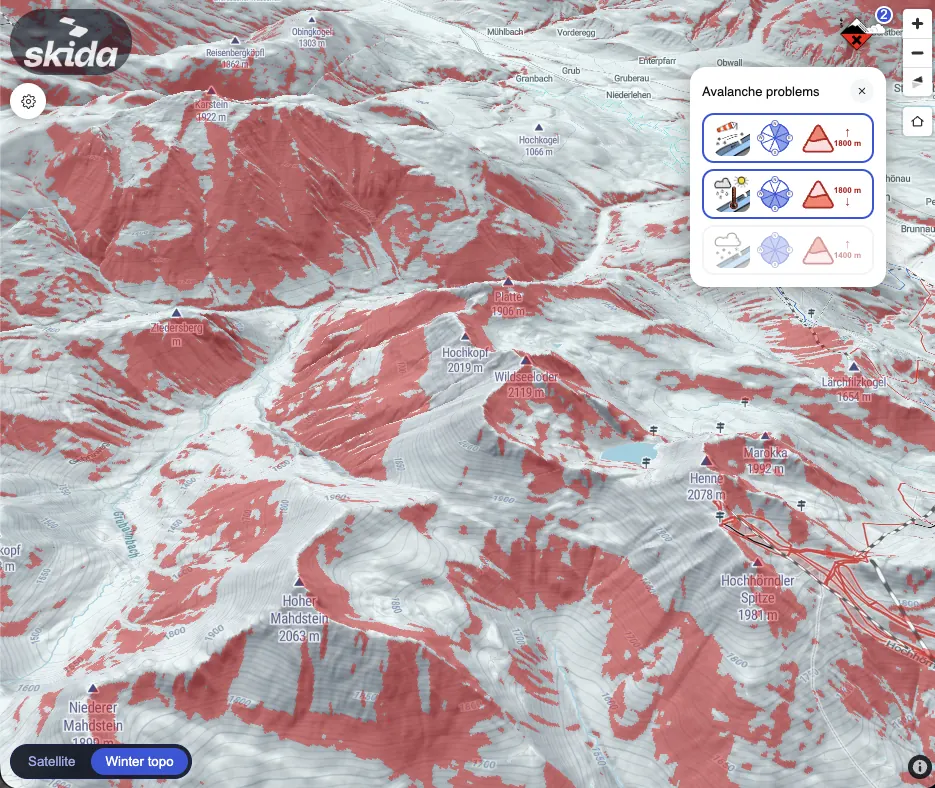 Skida 3D map with the avalanche problem layer: slopes where the bulletin's problems apply are shaded red, beside a panel of the day's avalanche problems