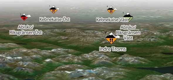 Skida 3D map with the day's danger levels from Norwegian and Swedish avalanche services