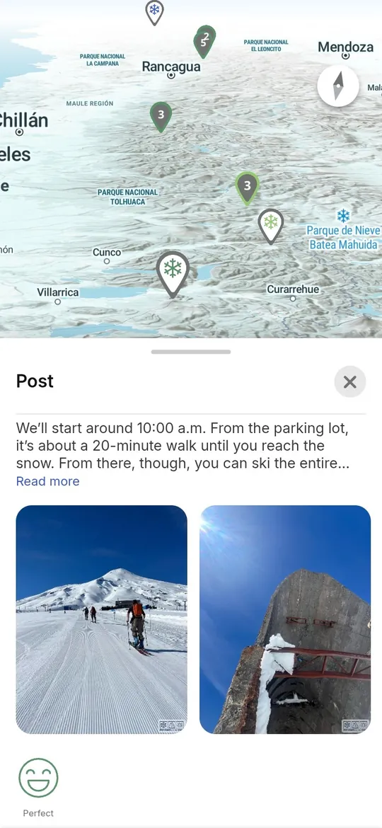 Skida app: snow and avalanche observations on the map, with a skier's post and photos
